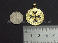 Load image into Gallery viewer, 18K Gold Black CZ Cross On Round Coin Shape Pendant, Gold Coin Charm, Cross Pave Pendant, Men's Jewerly Findings, 25mm, Sku#LK61
