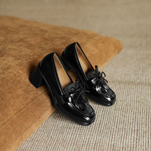 Load image into Gallery viewer, Women's Bow-Tie Chunky Heel Leather Pumps – Round Toe Mid-Cut Block Heel Shoes
