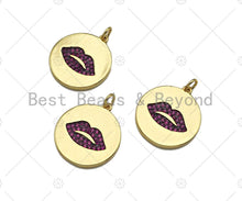 Load image into Gallery viewer, CZ Micro Pave Fuchsia Lip On Round Coin Shape Pendant Charm, Cubic Zirconia Lip Charm, Real Gold Plated Charm,20x22mm,Sku#L356