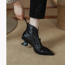 Load image into Gallery viewer, Women's French-Style Vintage Pointed-Toe Mid-Heel Ankle Boots | Back Zip | PU Leather