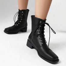 Load image into Gallery viewer, Women's Lace-Up Square-Toe Motorcycle Boots | Low Heel Outdoor Ankle Boots