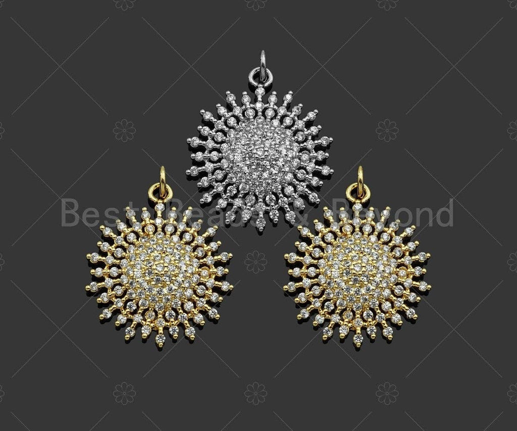 Gold Silver Sunflower Radical Flower Pendant,Cubic Zirconia Silver/Gold Charm, Necklace Bracelet Charm Pendant, 21x24mm, Sku#LK294