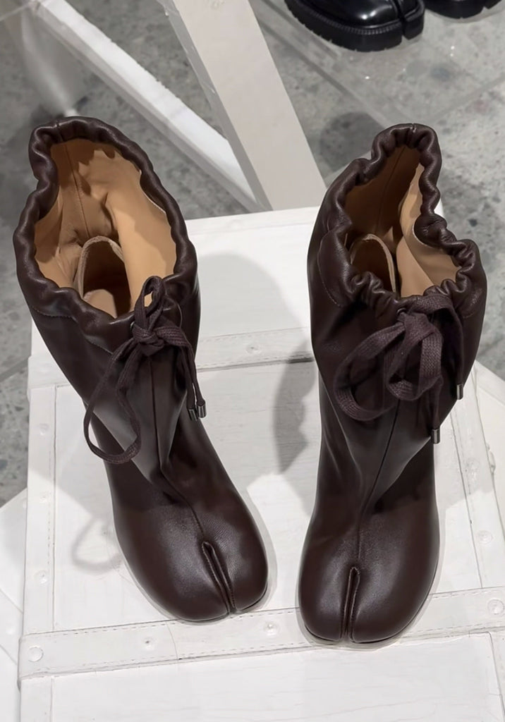 Women's Split-Toe Leather Boots - Mid-Calf Chunky Heel Lace-Up Boots