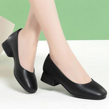 Load image into Gallery viewer, Women's Black Square Toe Chunky Low Heel Work Shoes – Microfiber Upper, Rubber Sole, Sizes 35–40