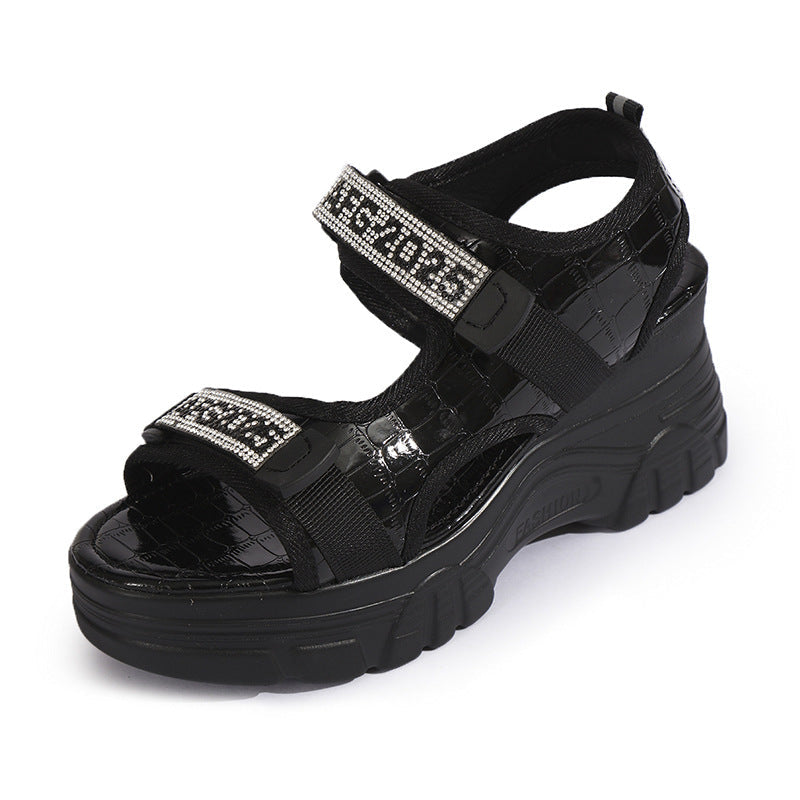 Women's Rhinestone Lettered Wedge Heel Sandals – Velcro Casual Platform Sandals in White & Black