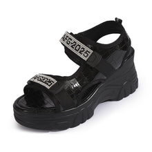 Load image into Gallery viewer, Women's Rhinestone Lettered Wedge Heel Sandals – Velcro Casual Platform Sandals in White &amp; Black