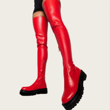 Load image into Gallery viewer, Women's Over-the-Knee Plush Boots | Side Zipper, Round Toe, Mid Heel – Red &amp; Black