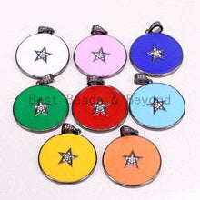 Load image into Gallery viewer, NEW Colorful Enamel Star on Disc Pendant,Cubic Zirconia Pave Pendant, Red/Blue/Pink/Orange/Yellow/White/Green Star Charms, 30*35mm, SKU#F613