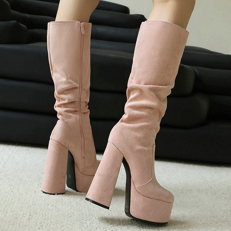 Women's Stretch Suede Waterproof Chunky High Heel Boots | Side Zipper | Sarah Express