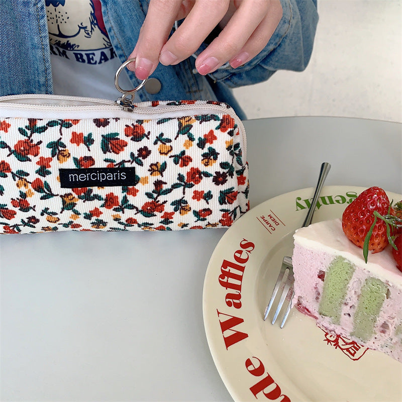 Corduroy Pencil Case Makeup Bag - Korean Style Retro Floral Canvas Pouch for Students