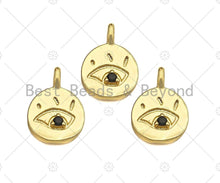 Load image into Gallery viewer, Black CZ Micro Pave Evil Eye On Round Coin Shape Charm, 18K Dainty Gold Medallion Charm, Necklace Bracelet Charm Pendant,14x19mm, Sku#LK252