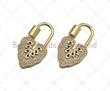 Load image into Gallery viewer, 18K Gold Black Clear CZ Micro Pave Leaf Shape Clasp, Fancy Lock Clasp, Heart Shape Clasp,Pave Lock Pendant,17x31mm,sku#K148