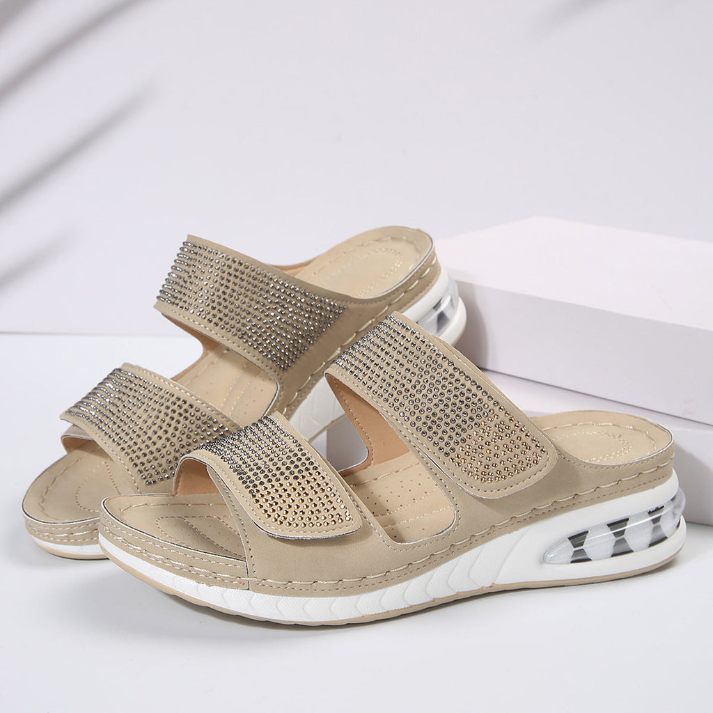 Women's Air Cushion Wedge Sandals – Rhinestone Embellished Beach Slides with Non-Slip Wedge Sole