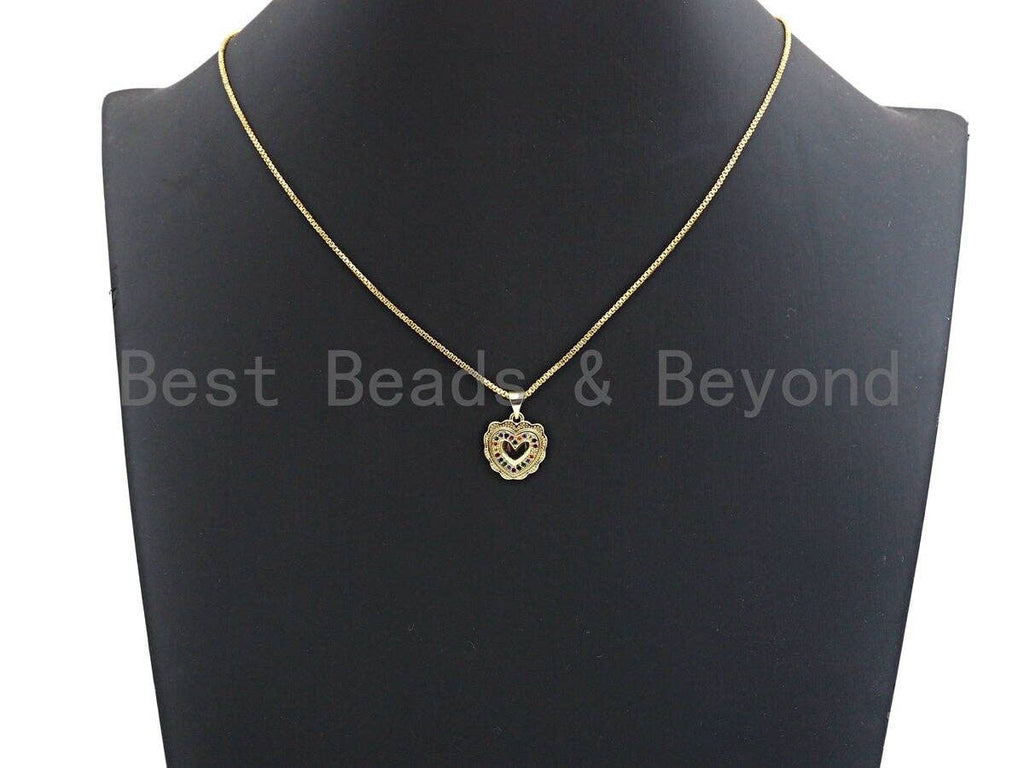 CZ Colorful Micro Pave Lace Heart Gold Pendant, Heart Shaped Pave Pendant, Gold plated, 14x15mm, Sku#F949