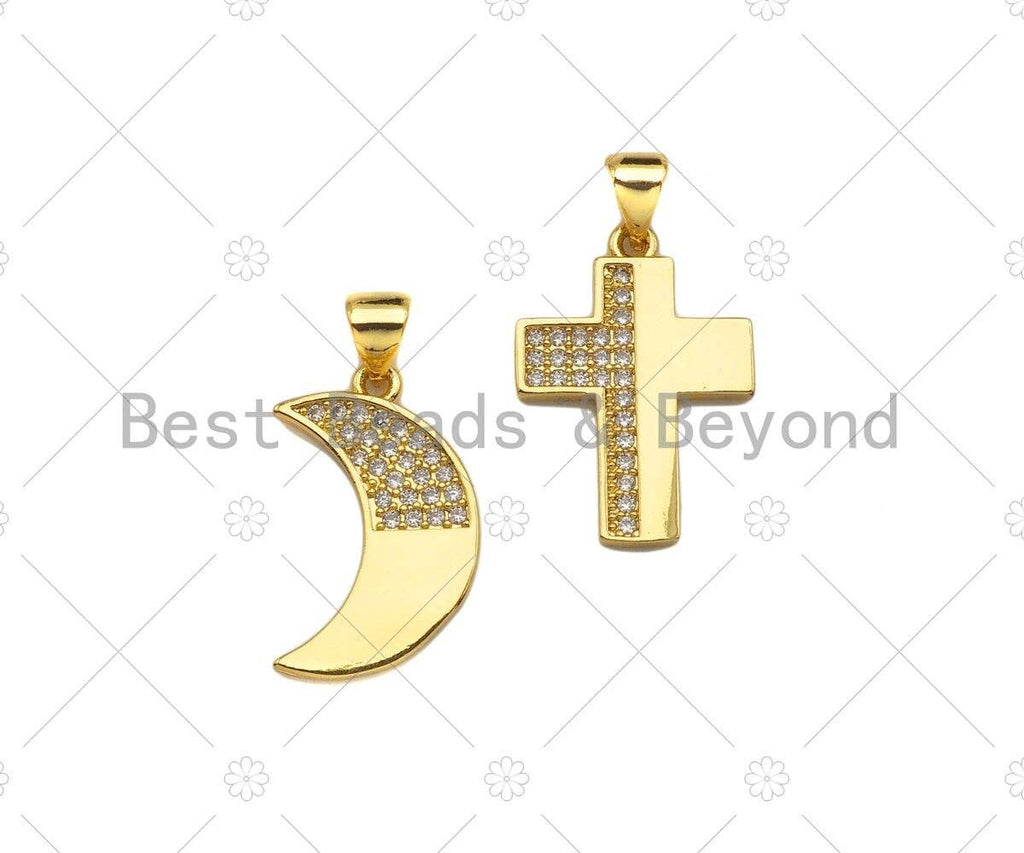 CZ Micro Pave Cresent Moon/Cross Shape Pendant/Charm,Half CZ Medallion Charm, Necklace Bracelet Charm Pendant,13x20/15x21mm, Sku#LK246