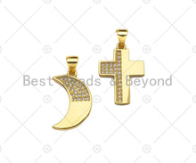 Load image into Gallery viewer, CZ Micro Pave Cresent Moon/Cross Shape Pendant/Charm,Half CZ Medallion Charm, Necklace Bracelet Charm Pendant,13x20/15x21mm, Sku#LK246