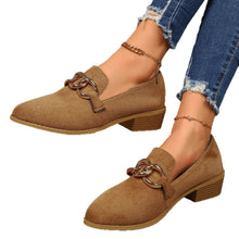 Load image into Gallery viewer, Women's Chunky Heel Suede Pumps – Elegant Metal Chain Pointed Toe Slip-On Shoes