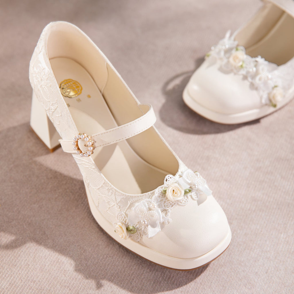 Women's Lace Mary Jane Platform Heels | Pearl Buckle Bridal Shoes
