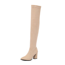 Load image into Gallery viewer, Women's Suede High Heel Boots Pointed Toe Chunky Heel Denim Strap Buckle | Black Beige Brown Red