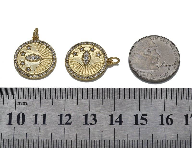 CZ Evil Eye Stars Round Gold Coin Charm, Sku#LX90