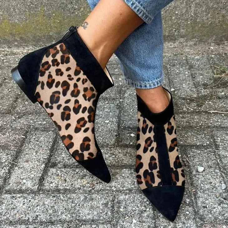 Women's Leopard Print Pointed-Toe Low Heel Shoes | Suede Back-Zip Casual Flats