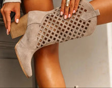 Load image into Gallery viewer, Women's Plus-Size Cutout Mesh Over-the-Knee Boots | Chunky Heel Slip-On Suede Boots