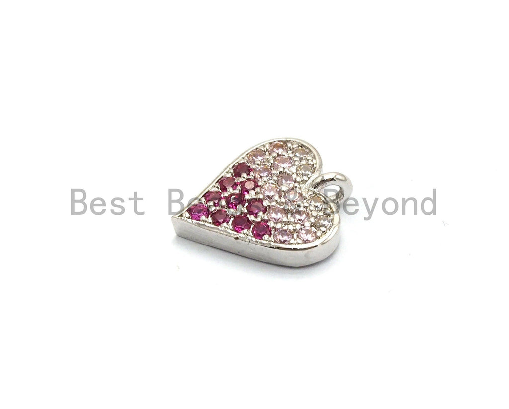 CZ Micro Pave Multi Fuchsia Pink Color Heart Shape Charm, Cubic Zirconia Pendant, Silver/Gold/Rose Gold/Gunmental Plated,10x12mm, Sku#B118