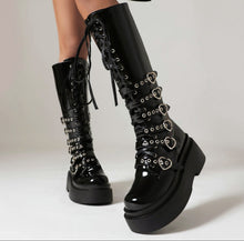 Load image into Gallery viewer, Women's Chunky-Soled Punk Over-the-Knee Boots with Cross-Tie Straps | Side Zipper | Sizes 34–44
