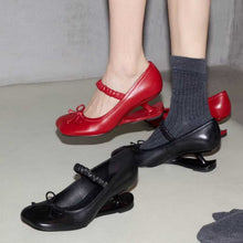 Load image into Gallery viewer, Women's Square Heel Leather Pumps with Bow Accent - Genuine Leather Mid Heel Shoes