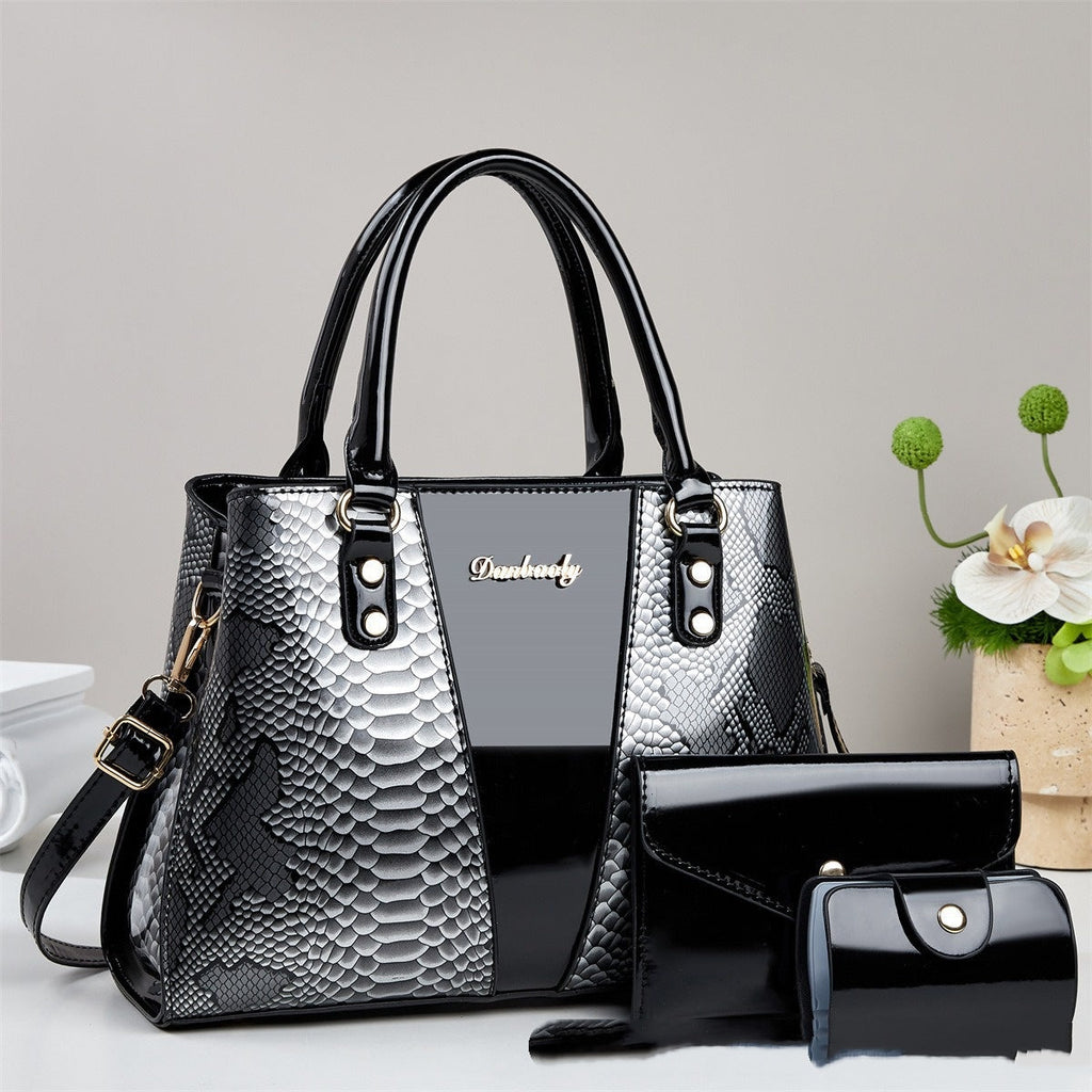 Women's Snakeskin Pattern Tote Handbag Set - 3-Piece Crossbody Shoulder Bag with Wallet
