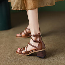 Load image into Gallery viewer, Women's Brown Strappy Stiletto Heels – Vintage Roman Square Toe Sandals with Back Zipper