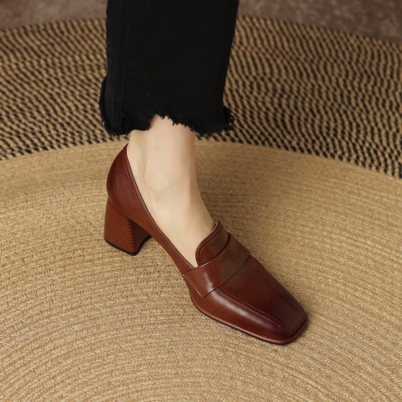 Retro Brown Chunky Heel Pumps