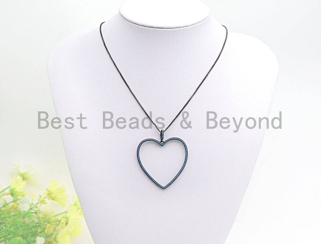 Colorful CZ Micro Pave Large Hollow out Heart Pendant, Black/Turquoise/Cobalt/Fuchsia CZ Pave Heart Pendant, 43mm, sku#X110
