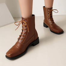Load image into Gallery viewer, Women's Lace-Up Square-Toe Motorcycle Boots | Low Heel Outdoor Ankle Boots