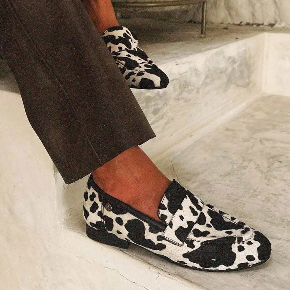 Women's Round-Toe Cow Print Rhinestone Slip-On Shoes | Chunky Low Heel Dress Shoes