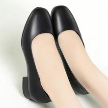 Load image into Gallery viewer, Women's Black Square Toe Chunky Low Heel Work Shoes – Microfiber Upper, Rubber Sole, Sizes 35–40