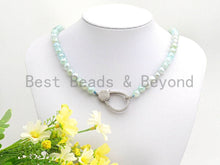 Load image into Gallery viewer, Aqua Blue Agate Attachment Necklace with Large CZ Pave Silver clasp, Pave Diamond Beaded Choker, 18 long, 8mm/10mm beads size, sku#D44