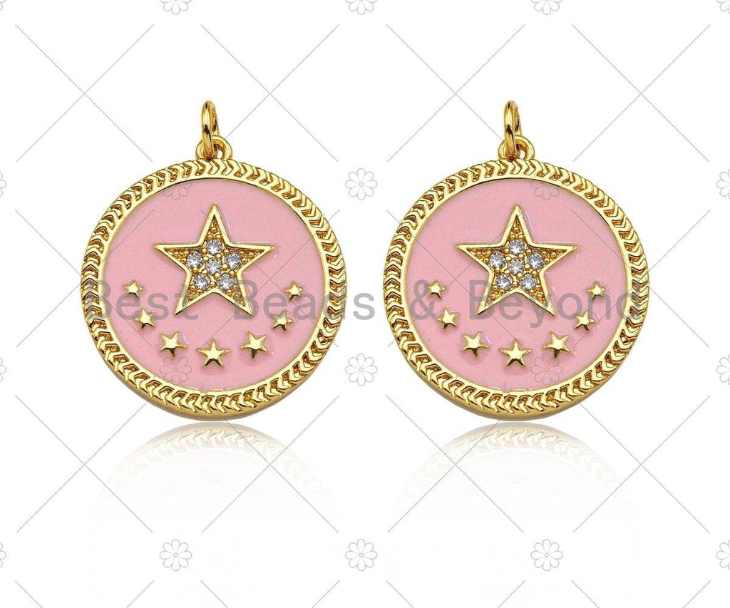 CZ Micro Pave Enamel Pink Five Star On Round Coin Pendant, 18K Gold Pendant, Star Charm, Pink Enamel Charm, 24x22mm,Sku#L565