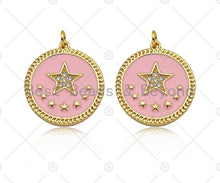Load image into Gallery viewer, CZ Micro Pave Enamel Pink Five Star On Round Coin Pendant, 18K Gold Pendant, Star Charm, Pink Enamel Charm, 24x22mm,Sku#L565