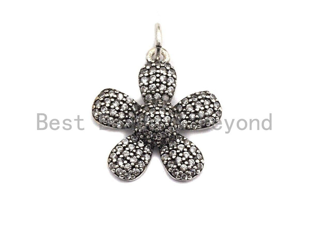 CZ Micro Pave Flower Pendant, Antique Silver Tone, Clear Cubic Zirconia Big Pave Flower Charm Pendant, 17x18mm,sku#F1008