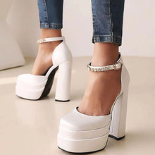 Load image into Gallery viewer, Women's Mary Jane Platform Heels - Chunky Heel Satin Pumps with Rhinestone Strap