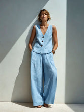 Load image into Gallery viewer, Linen Blend V-Neck Buttoned Vest &amp; High-Waist Wide-Leg Pants Set – 5 Colors S–3XL