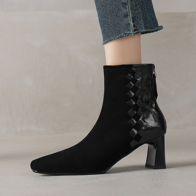 Women's Square Toe Chunky Heel Ankle Boots – Sheepskin Leather Patchwork