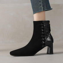 Load image into Gallery viewer, Women's Square Toe Chunky Heel Ankle Boots – Sheepskin Leather Patchwork