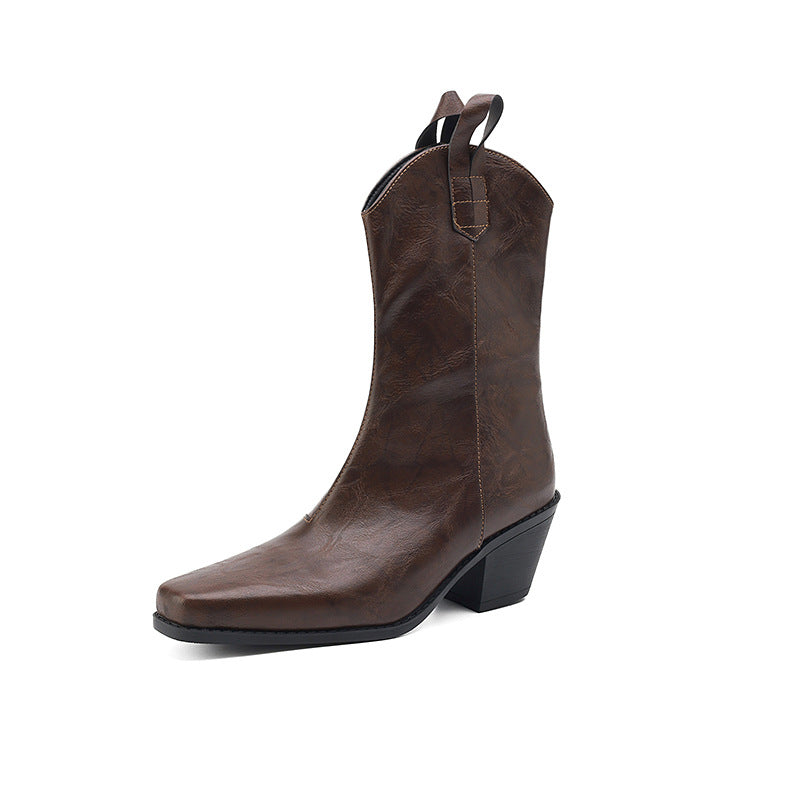Women's Retro Square Toe V-Cut Mid-Calf Chunky Heel Boots | Synthetic PU | Sizes EU 34–43