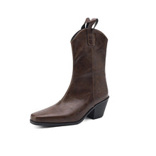 Load image into Gallery viewer, Women's Retro Square Toe V-Cut Mid-Calf Chunky Heel Boots | Synthetic PU | Sizes EU 34–43