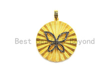 Load image into Gallery viewer, Large Round With CZ Micro Pave Butterfly Pendant, CZ Paved Charm/Focal Pendant, Necklace Charm Pendant, 35x38mm,sku#F660