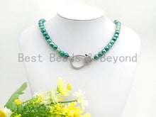 Load image into Gallery viewer, Green Agate Attachment Necklace with Large CZ Pave Silver clasp, 18 long, 8mm/10mm beads size, sku#D45