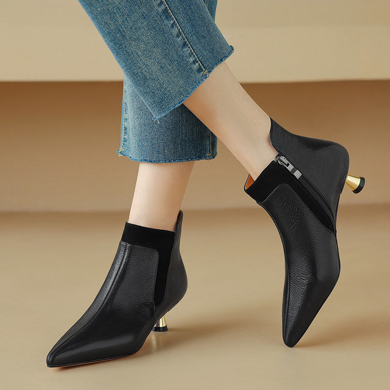 Women's Genuine Leather Pointed-Toe Kitten Heel Ankle Boots | Side Zipper | Black & Brown