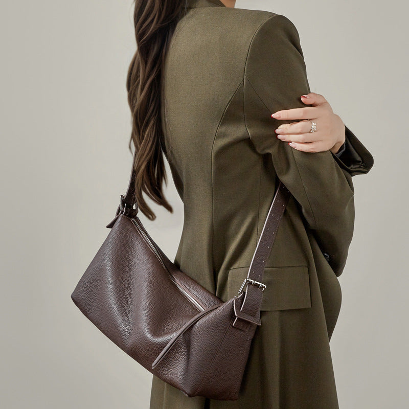 Vegetable-Tanned Genuine Leather Hobo Bag - Belt-Attachable Crossbody Shoulder Bag